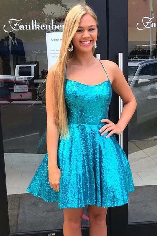 Party dresses with a cut - out design for a daring and edgy styleCriss Cross A-Line Short Prom Dress Blue Sequins Homecoming Dress PD334 Party dresses with a cut - out design for a daring and edgy styleCriss Cross A-Line Short Prom Dress Blue Sequins Homecoming Dress PD334