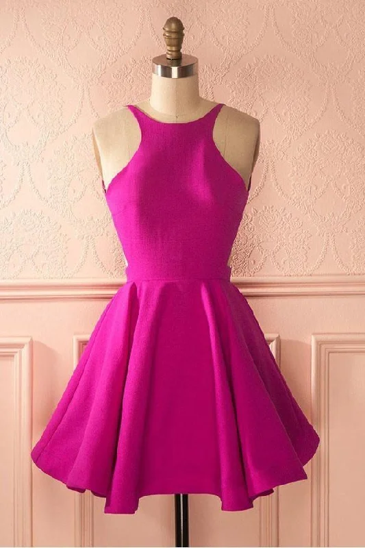 80s - inspired party dresses with bold colors and big shoulders​Cute Hot Pink Backless Short Homecoming Dress Party Dress  PG141