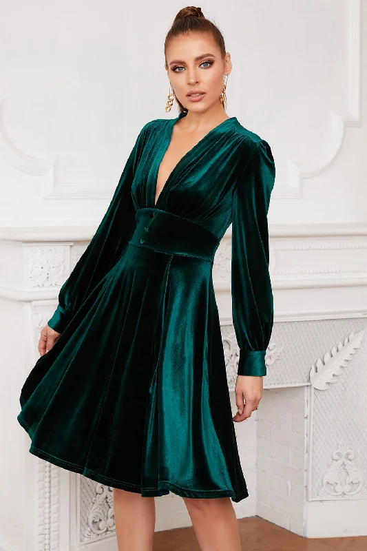 Fairy - themed party dresses with wings and glitter for a magical lookDark Green Velvet Party Dress With Long Sleeves Fairy - themed party dresses with wings and glitter for a magical lookDark Green Velvet Party Dress With Long Sleeves