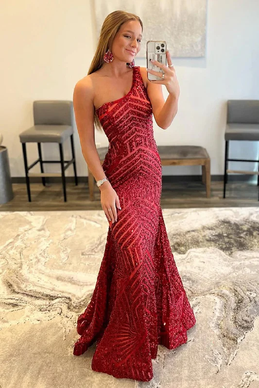 Party dresses with a criss - cross back design for a stylish detailDark Red One Shoulder Sequined Mermaid Prom Dress Party dresses with a criss - cross back design for a stylish detailDark Red One Shoulder Sequined Mermaid Prom Dress