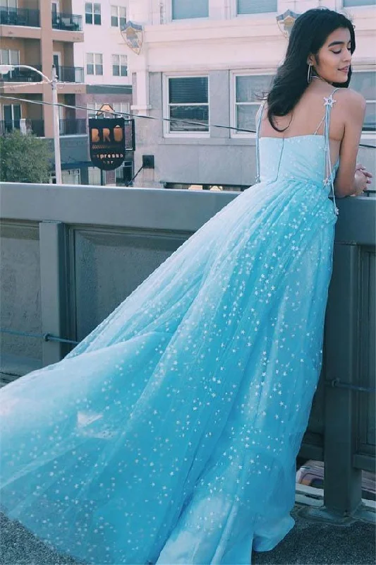 80s - inspired party dresses with bold colors and big shouldersElegant A-Line Straps Light Blue Long Prom Dress with Stars PSK129 80s - inspired party dresses with bold colors and big shouldersElegant A-Line Straps Light Blue Long Prom Dress with Stars PSK129