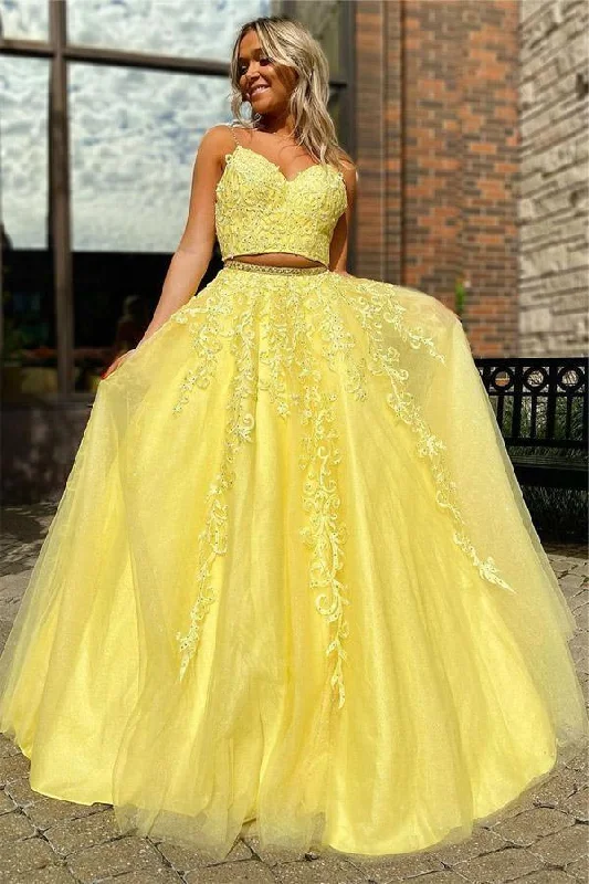Prom party dresses with a glamorous and elegant aestheticElegant Straps Two Piece Yellow Long Lace Prom/Formal Dress PSK153 Prom party dresses with a glamorous and elegant aestheticElegant Straps Two Piece Yellow Long Lace Prom/Formal Dress PSK153