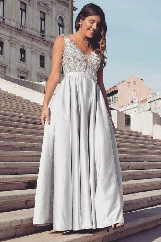 Party dresses with a handkerchief hem for a unique and flowing style​Elegant V Neck Beading Prom Dress Grey Satin Sleeveless Evening Dress PSK150