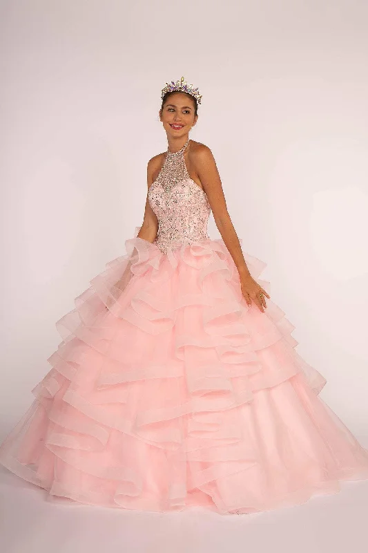 Elizabeth K - GL2512 Ornate Illusion High Halter Ruffled Ballgown