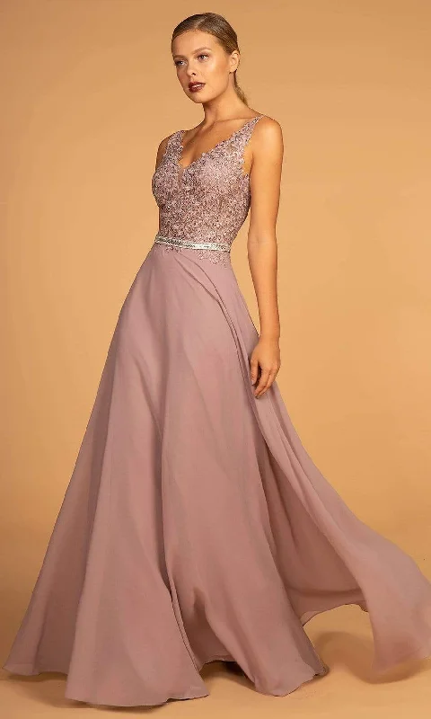 Formal dresses with high - low hems and floral embroidery for a unique prom styleElizabeth K - GL2653 Embroidered V-Neck A-Line Dress