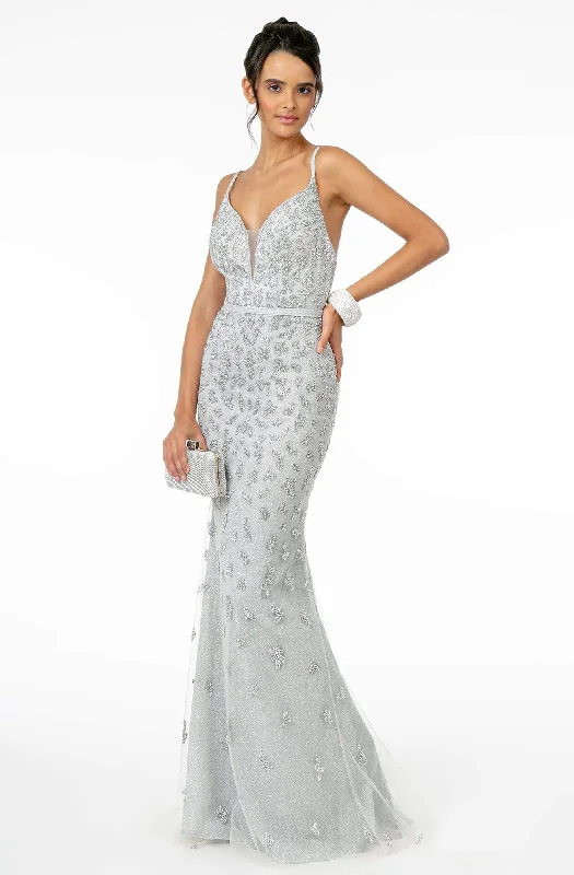 Formal dresses with one - shoulder ruffled straps and sequined bodices for a trendy and eye - catching lookElizabeth K - GL2917 Illusion Deep V-Neck Glitter Mesh Long Gown Formal dresses with one - shoulder ruffled straps and sequined bodices for a trendy and eye - catching lookElizabeth K - GL2917 Illusion Deep V-Neck Glitter Mesh Long Gown
