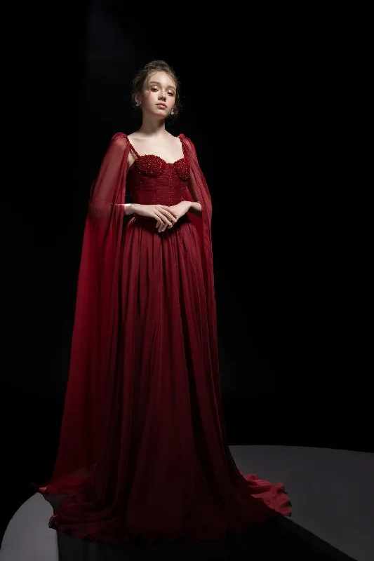 Party dresses with a tiered skirt for a fun and voluminous styleEsther Cape Chest Cup Silk Organza Floor Length Dress Party dresses with a tiered skirt for a fun and voluminous styleEsther Cape Chest Cup Silk Organza Floor Length Dress
