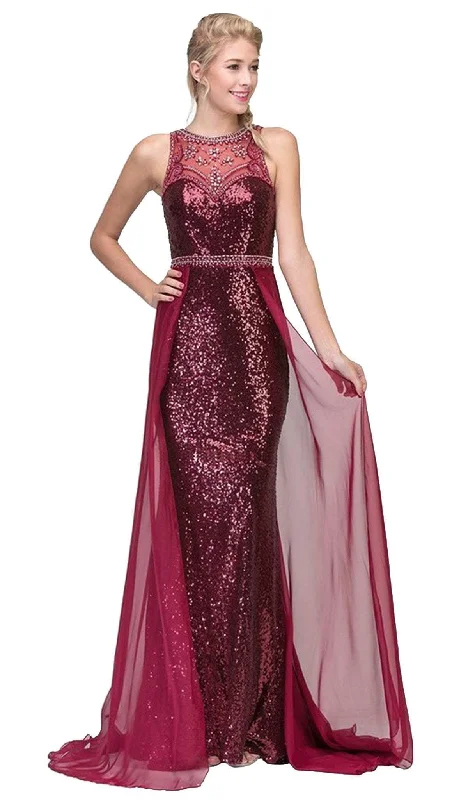 Eureka Fashion - Sequined Illusion Halter Evening Dress With Sheer Overlay