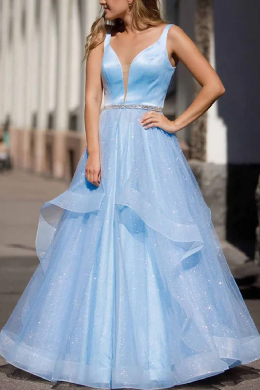 Retro - style party dresses inspired by the 1920s - 1980sGlitter Backless Light Blue Long Prom Dress Retro - style party dresses inspired by the 1920s - 1980sGlitter Backless Light Blue Long Prom Dress