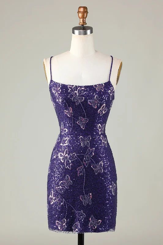 Party dresses with a pom - pom trim for a fun and festive touchGlitter Purple Beaded Sequins Tight Short Butterflies Party Dress Party dresses with a pom - pom trim for a fun and festive touchGlitter Purple Beaded Sequins Tight Short Butterflies Party Dress