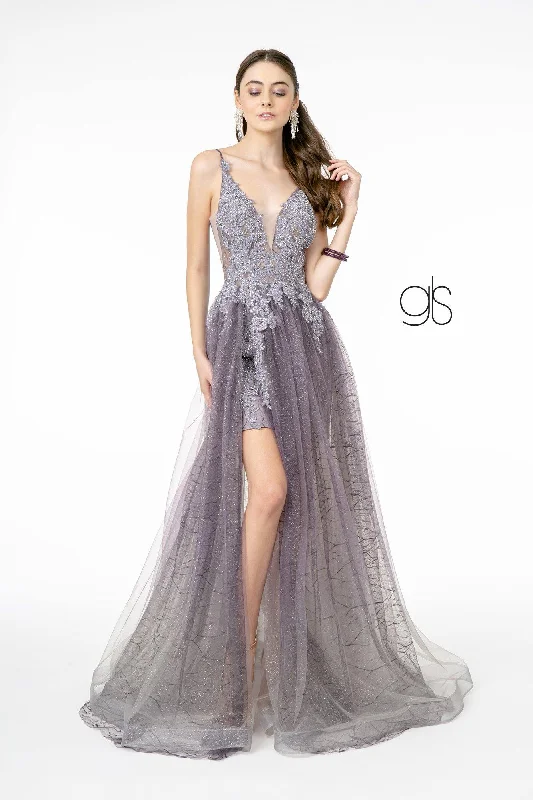 Bodycon dress with a ruffled trim​Illusion V-Neck Glitter Mesh Long Prom Dress Sale