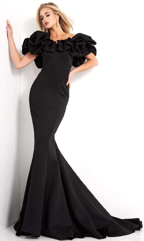 Formal dresses with abstract print panels and rhinestone embellishments for a unique formal eventJovani - 04368 Ruffled Off Shoulder Scuba Mermaid Evening Dress Formal dresses with abstract print panels and rhinestone embellishments for a unique formal eventJovani - 04368 Ruffled Off Shoulder Scuba Mermaid Evening Dress