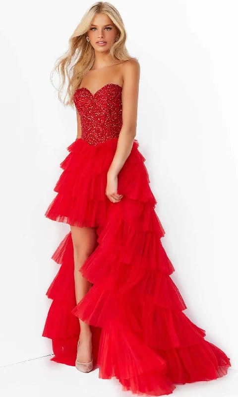 Formal dresses with ruffled skirts and bow accents for a charming prom appearanceJovani - 08100 Bedazzled Strapless High Low Dress Formal dresses with ruffled skirts and bow accents for a charming prom appearanceJovani - 08100 Bedazzled Strapless High Low Dress