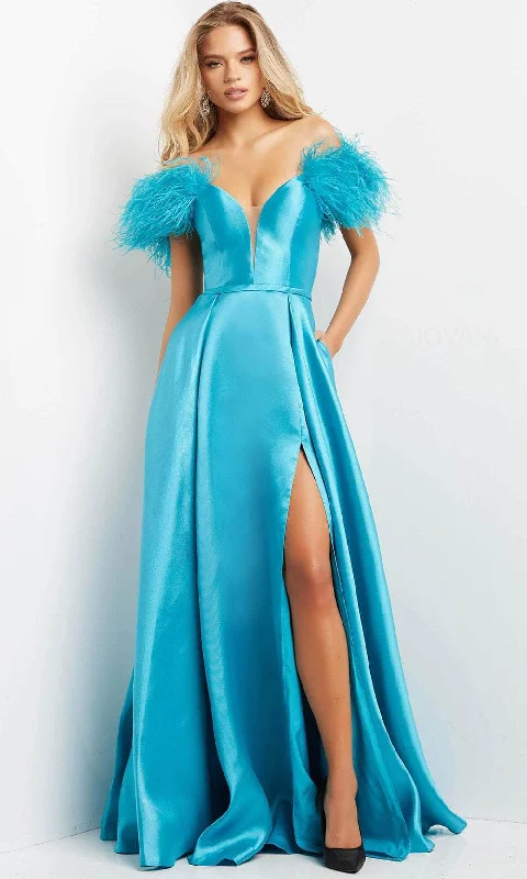 Formal dresses with off - the - shoulder sleeves and rhinestone accents for a sophisticated promJovani 08321 - Feathered Off Shoulder Evening Gown Formal dresses with off - the - shoulder sleeves and rhinestone accents for a sophisticated promJovani 08321 - Feathered Off Shoulder Evening Gown