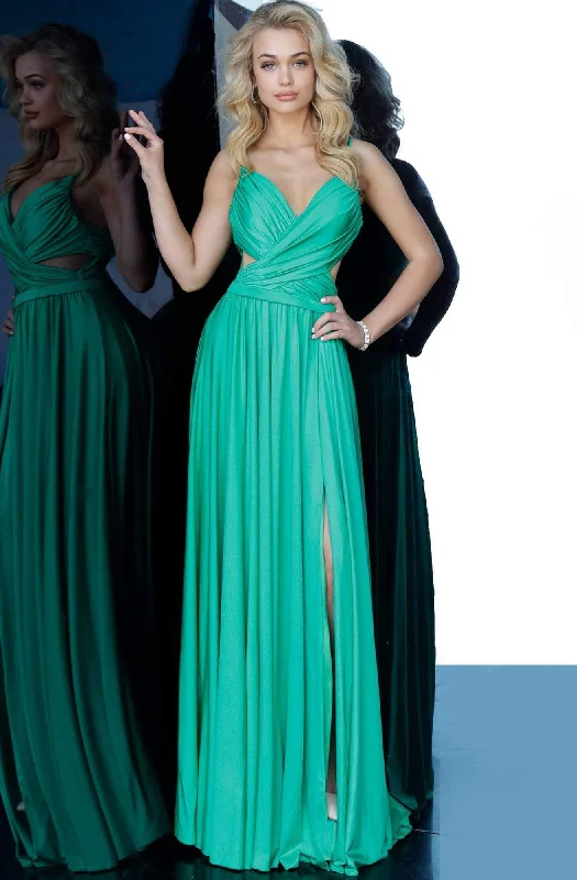 Prom dresses with pom - pom - decorated hems and cotton - blend fabrics for a playful and comfortable formal styleJovani - 68642 Ruched Surplice A-Line Evening Dress Prom dresses with pom - pom - decorated hems and cotton - blend fabrics for a playful and comfortable formal styleJovani - 68642 Ruched Surplice A-Line Evening Dress