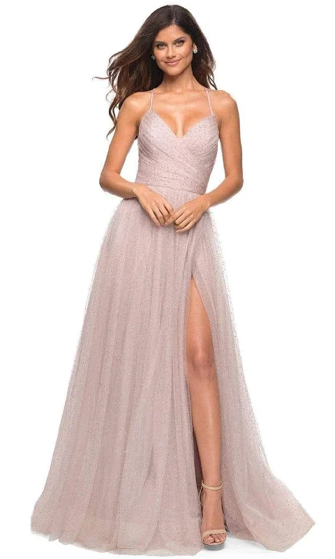 Prom dresses with cold - shoulder cutouts and satin bows for a trendy lookLa Femme - 30536 Beaded High Slit Ballgown Prom dresses with cold - shoulder cutouts and satin bows for a trendy lookLa Femme - 30536 Beaded High Slit Ballgown