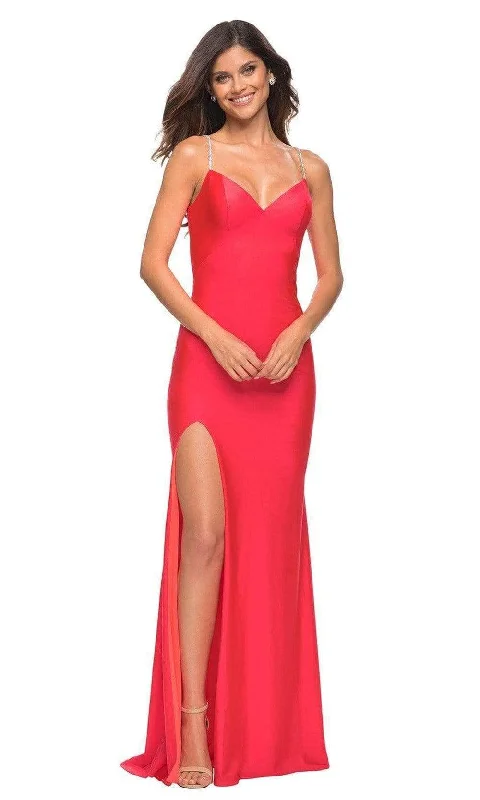 Formal dresses with high - low hems and floral embroidery for a unique prom styleLa Femme - 30602 V Neck Fitted High Slit Gown Formal dresses with high - low hems and floral embroidery for a unique prom styleLa Femme - 30602 V Neck Fitted High Slit Gown