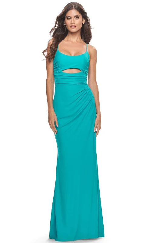 Tea - length formal dresses with lace trim for a semi - formal promLa Femme 31264 - Open Lace Jersey Long Dress Tea - length formal dresses with lace trim for a semi - formal promLa Femme 31264 - Open Lace Jersey Long Dress