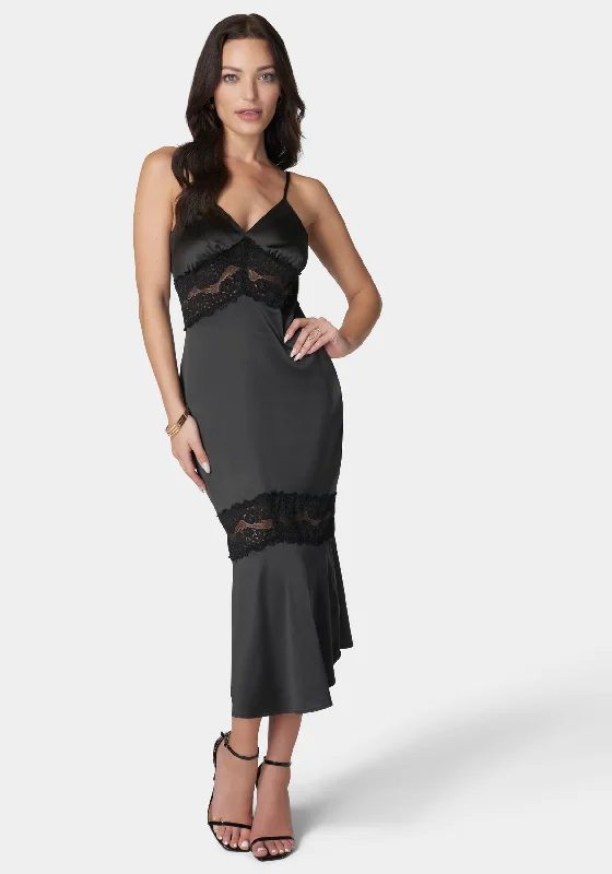 Formal dresses with pleated yokes and button - up fronts for a classic and refined lookLace Inset Satin Slip Formal dresses with pleated yokes and button - up fronts for a classic and refined lookLace Inset Satin Slip