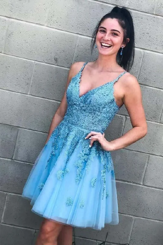 Backless party dresses for a sexy and alluring appearanceLace-Up Sky Blue Short Homecoming Dress with Lace Appliques PD332 Backless party dresses for a sexy and alluring appearanceLace-Up Sky Blue Short Homecoming Dress with Lace Appliques PD332