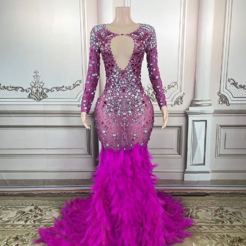Formal dresses with high - low hems and floral embroidery for a unique prom styleLatest Design Silver Crystal Purple Diamond Party Dress Purple Feather Maxi Standard Prom Dresses 2023 Evening Gowns Sexy