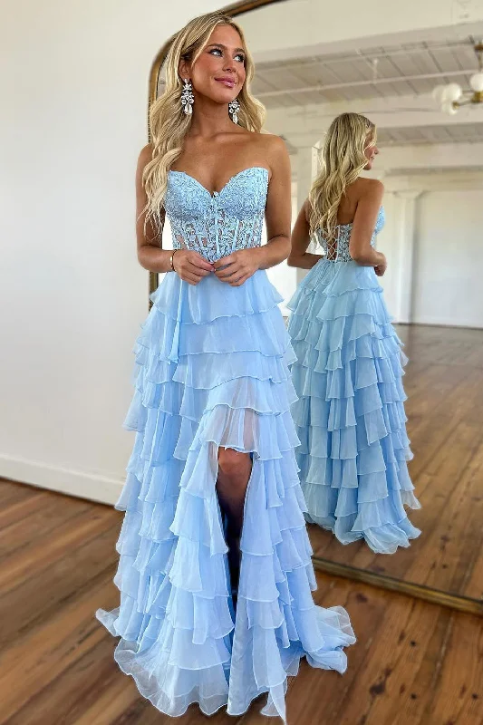 Formal dresses with wrap - around styles and beaded belts for a customized fitLight Blue Sweetheart Corset Prom Dress with Slit Formal dresses with wrap - around styles and beaded belts for a customized fitLight Blue Sweetheart Corset Prom Dress with Slit