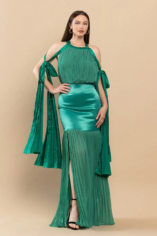 Party dresses with a pom - pom trim for a fun and festive touch​Long Mermaid Pleated Satin Maxi Dress