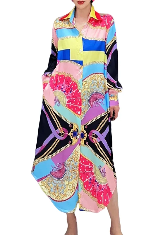 Beach party dresses made of lightweight and breathable fabric​Long Sleeve Button Down Fan Print Midi Dress