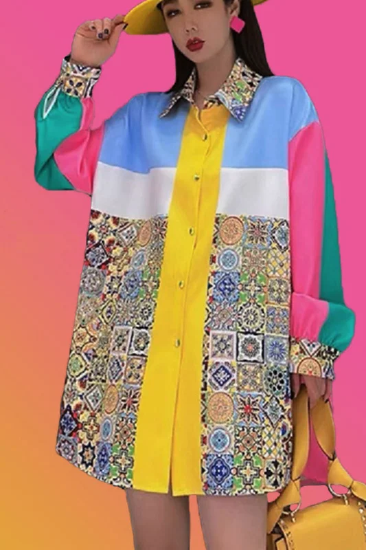 80s - inspired party dresses with bold colors and big shoulders​Long Sleeve Collared Button Down Tunic Print Short Dress