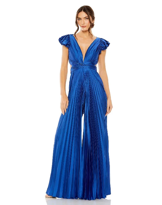Party dresses with a sheer panel for a hint of allureMac Duggal 27361 Ruffle Cap Sleeve Cutout Heat Pleated Jumpsuit Party dresses with a sheer panel for a hint of allureMac Duggal 27361 Ruffle Cap Sleeve Cutout Heat Pleated Jumpsuit