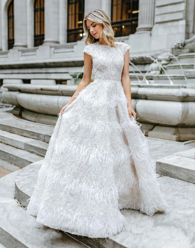 Bodycon dress in a pastel color palette​Mac Duggal 11132 Prom Long Cap Sleeve Ball Gown