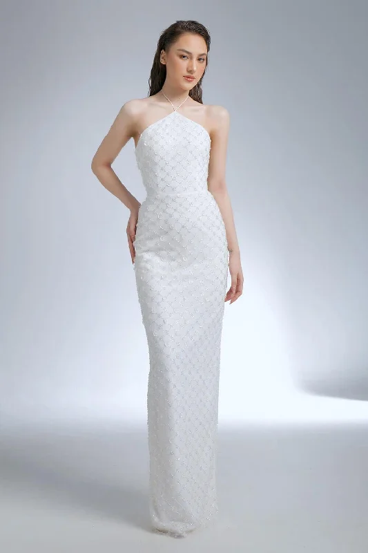 Satin party dresses with a smooth and lustrous finishMarie Bodycon Halter Neck Lace Maxi Dress Satin party dresses with a smooth and lustrous finishMarie Bodycon Halter Neck Lace Maxi Dress