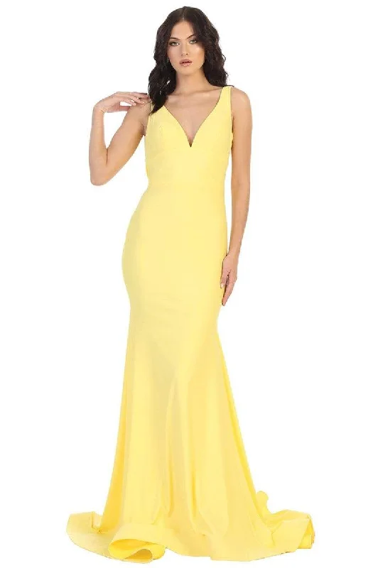Prom dresses with cold - shoulder cutouts and satin bows for a trendy lookMay Queen - MQ1719 Plunging V-neck Trumpet Dress With Train Prom dresses with cold - shoulder cutouts and satin bows for a trendy lookMay Queen - MQ1719 Plunging V-neck Trumpet Dress With Train