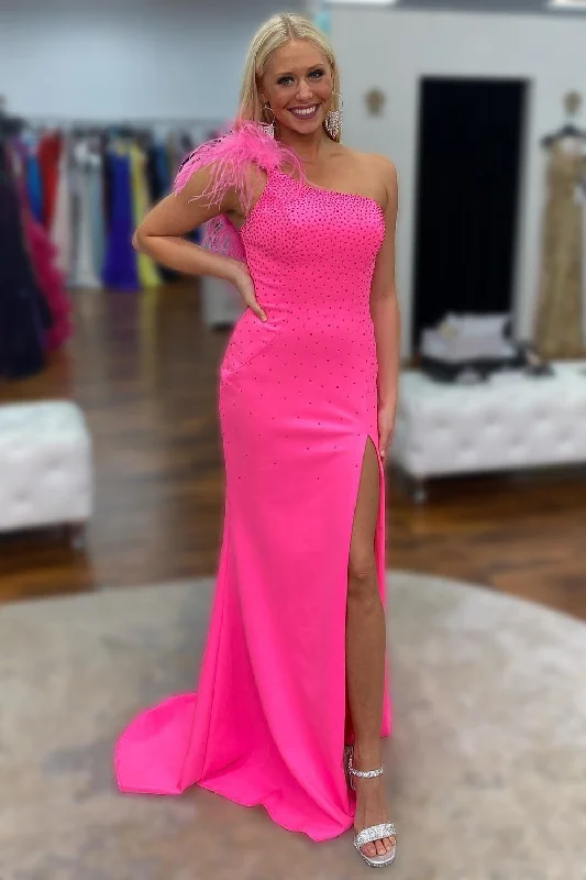 Party dresses with a cut - out design for a daring and edgy styleMermaid One Shoulder Hot Pink Long Prom Dress with Feathers Party dresses with a cut - out design for a daring and edgy styleMermaid One Shoulder Hot Pink Long Prom Dress with Feathers