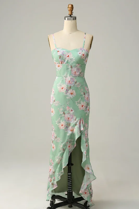 Party dresses with a metallic - thread embroidery for a luxurious touchMermaid Spaghetti Straps Flower Printed Light Green Long Prom Dress Party dresses with a metallic - thread embroidery for a luxurious touchMermaid Spaghetti Straps Flower Printed Light Green Long Prom Dress