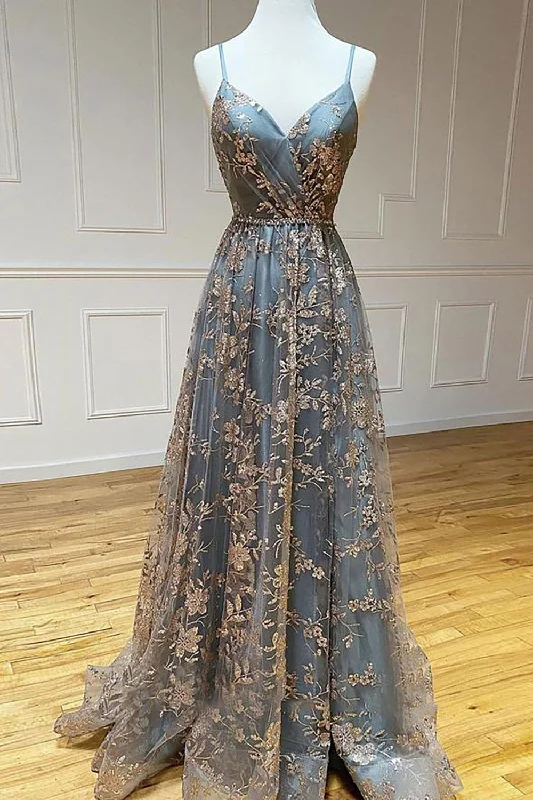 Party dresses with a metallic - thread embroidery for a luxurious touch​Mermaid Spaghetti Straps Grey Tulle Long Prom Dress with Appliques