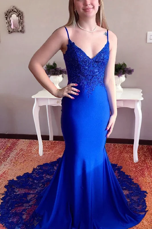 Party dresses with a cut - out design for a daring and edgy styleMermaid Spaghetti Straps Royal Blue Long Prom Dress with Appliques Party dresses with a cut - out design for a daring and edgy styleMermaid Spaghetti Straps Royal Blue Long Prom Dress with Appliques