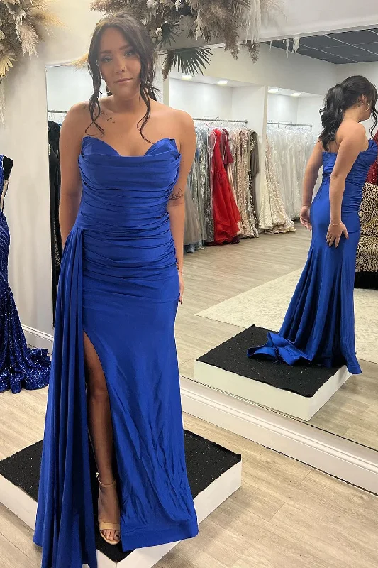 Retro - style party dresses inspired by the 1920s - 1980s​Mermaid Sweetheart Royal Blue Long Prom Dress with Slit