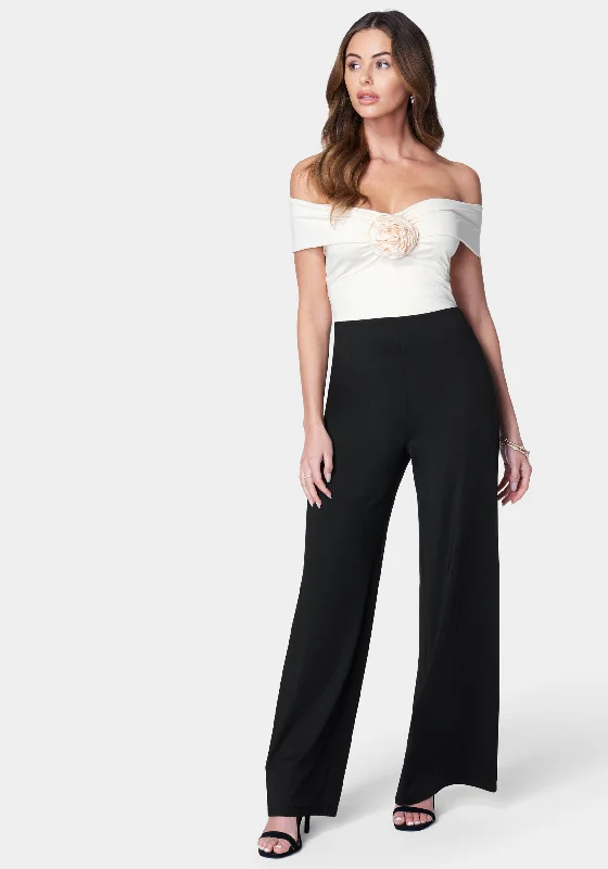 Formal dresses with wrap - around styles and beaded belts for a customized fitOff Shoulder Rosette Jumpsuit Formal dresses with wrap - around styles and beaded belts for a customized fitOff Shoulder Rosette Jumpsuit