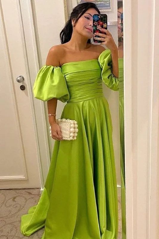 Halter - neck party dresses for a stylish and secure fit​Off The Shoulder Satin Green Long Prom Dress with Ruffles