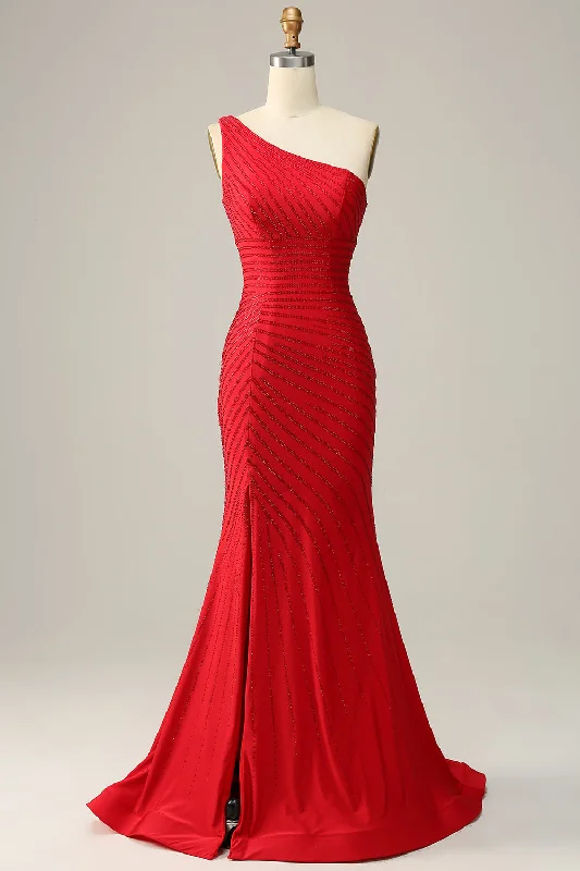 Party dresses with a lace overlay for a feminine touch​One Shoudler Red Long Prom Dress with Beading