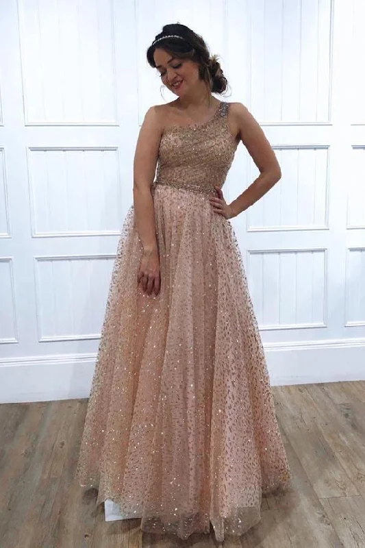 One Shoulder Sparkly Sequin Tulle A-Line Long Prom/Evening Dress PSK024