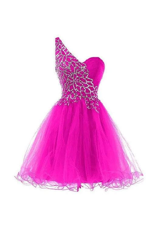 Party dresses with a unique neckline, like a sweetheart or square neckHot Pink Homecoming Dresses One Shoulder Short Prom Dresses PG073 Party dresses with a unique neckline, like a sweetheart or square neckHot Pink Homecoming Dresses One Shoulder Short Prom Dresses PG073