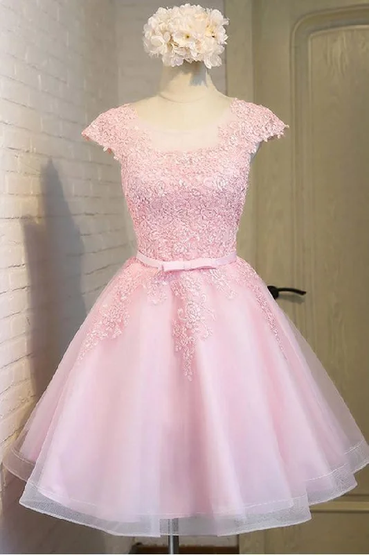 Sleeveless party dresses made of silk for a luxurious feelPink Lace Short Tulle Homecoming Dresses Party Dresses with Cap Sleeves PG138 Sleeveless party dresses made of silk for a luxurious feelPink Lace Short Tulle Homecoming Dresses Party Dresses with Cap Sleeves PG138