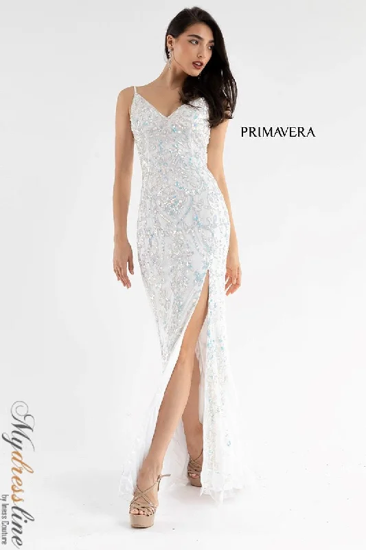 Formal dresses with abstract print panels and rhinestone embellishments for a unique formal eventPrimavera 3749 Formal dresses with abstract print panels and rhinestone embellishments for a unique formal eventPrimavera 3749
