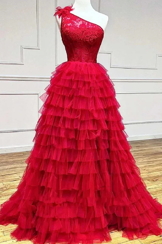 Party dresses with a criss - cross back design for a stylish detailRed One Shoulder Corset Tiered Long Prom Dress with Ruffles Party dresses with a criss - cross back design for a stylish detailRed One Shoulder Corset Tiered Long Prom Dress with Ruffles