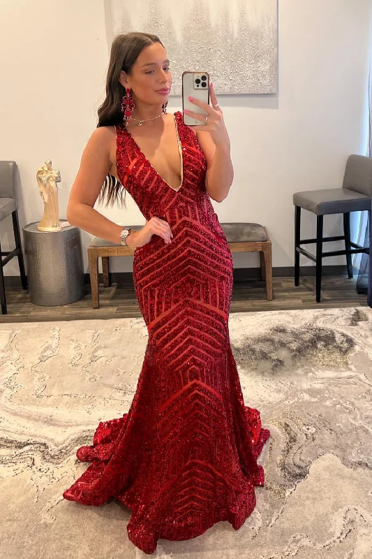Prom party dresses with a glamorous and elegant aestheticRed Sparkly Deep V Neck Sequin Mermaid Prom Dress Prom party dresses with a glamorous and elegant aestheticRed Sparkly Deep V Neck Sequin Mermaid Prom Dress