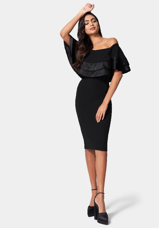 Formal dresses with tiered skirts and pearl embellishments for a luxurious feelSatin Tip Off Shoulder Midi Dress Formal dresses with tiered skirts and pearl embellishments for a luxurious feelSatin Tip Off Shoulder Midi Dress