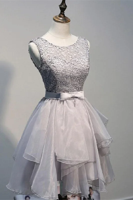 Party dresses with a ruched fabric for a textured and flattering effectScoop Backless Short Grey Organza Homecoming Dress with Appliques PG144 Party dresses with a ruched fabric for a textured and flattering effectScoop Backless Short Grey Organza Homecoming Dress with Appliques PG144