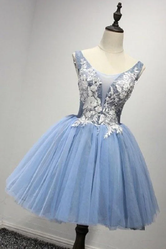 Halter - neck party dresses for a stylish and secure fitScoop Short Blue Tulle Homecoming Dress Party Dresses with Appliques PG122 Halter - neck party dresses for a stylish and secure fitScoop Short Blue Tulle Homecoming Dress Party Dresses with Appliques PG122